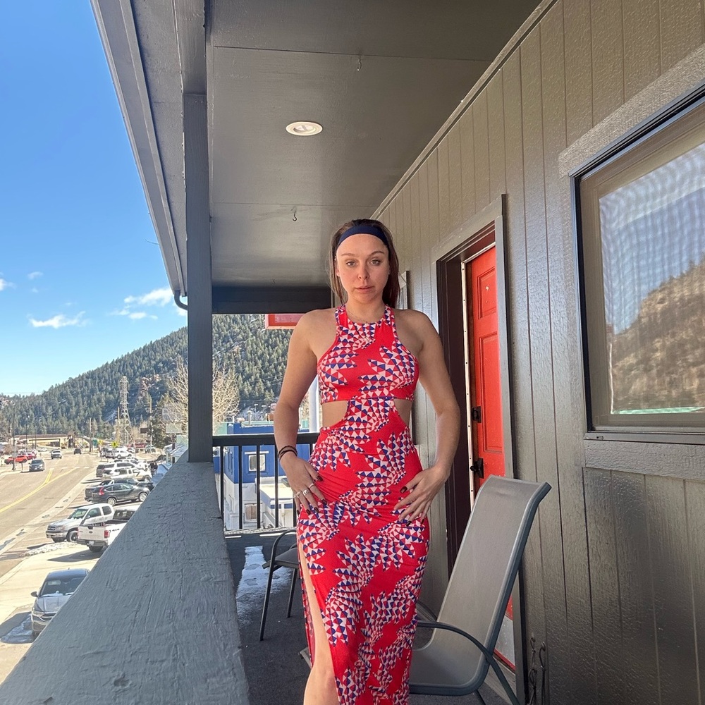 adidas Red Patterned One-Shoulder Cutout Dress